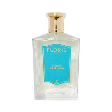 A clear glass “Sirena - Eau de Parfum” bottle by Floris London with a gold cap, blue and gold label, and a fresh, floral scent.