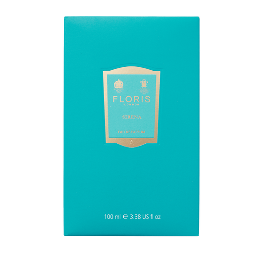 Turquoise Floris London Sirena Eau de Parfum box with gold label, 100ml, offering a fresh floral scent with bergamot notes.