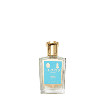 Sirena - Eau de Parfum by Floris London is a clear glass perfume with a gold cap and blue label, offering a fresh, floral scent with bergamot notes.