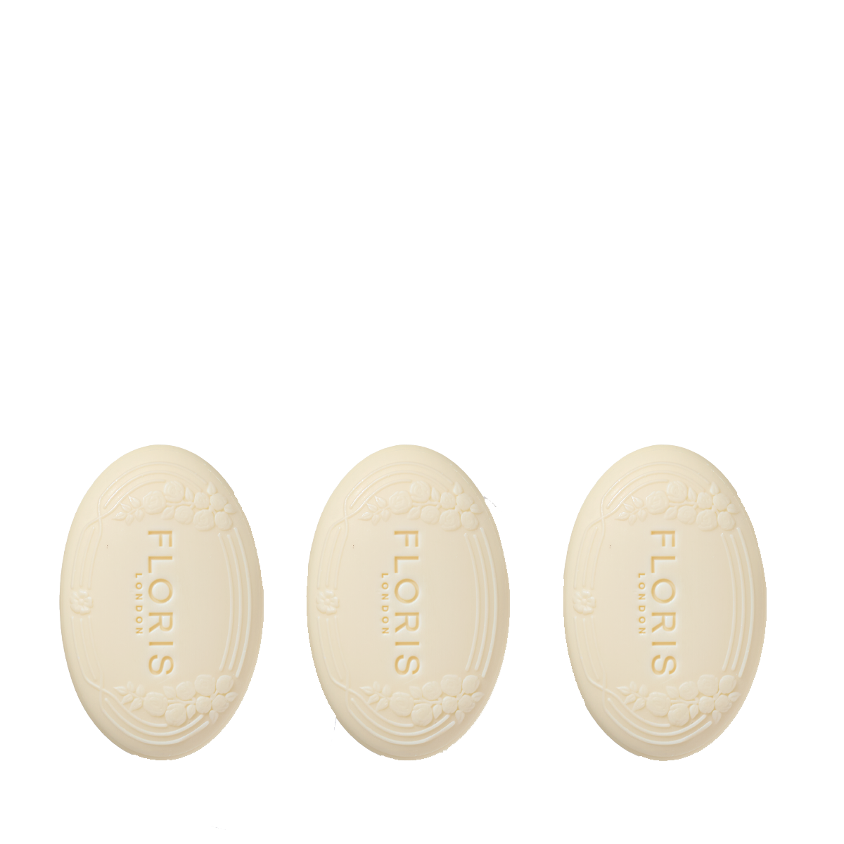 Three Floris London Soap Collection | For Him bars, embossed with floral designs and enriched with shea butter, arranged in a row on white.