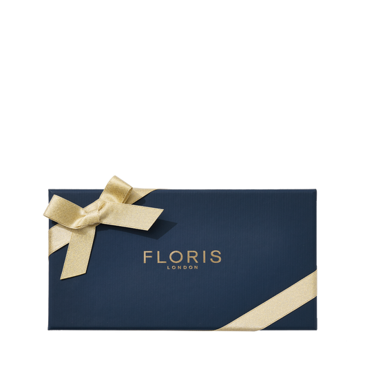 The Floris London US Soap Collection | For Him comes in a navy blue gift box with gold ribbon—a refined gift for gentlemen’s fragrance lovers.
