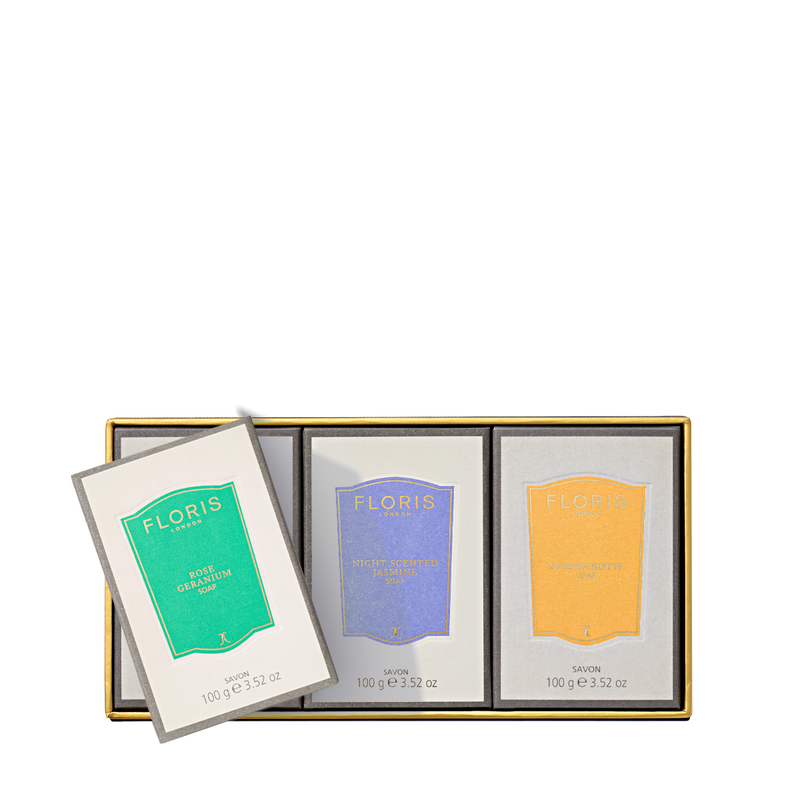 Box of three Floris London luxury soaps in custom packaging—Soap Collection | Pick Your Own, ideal for a personalized gift set.