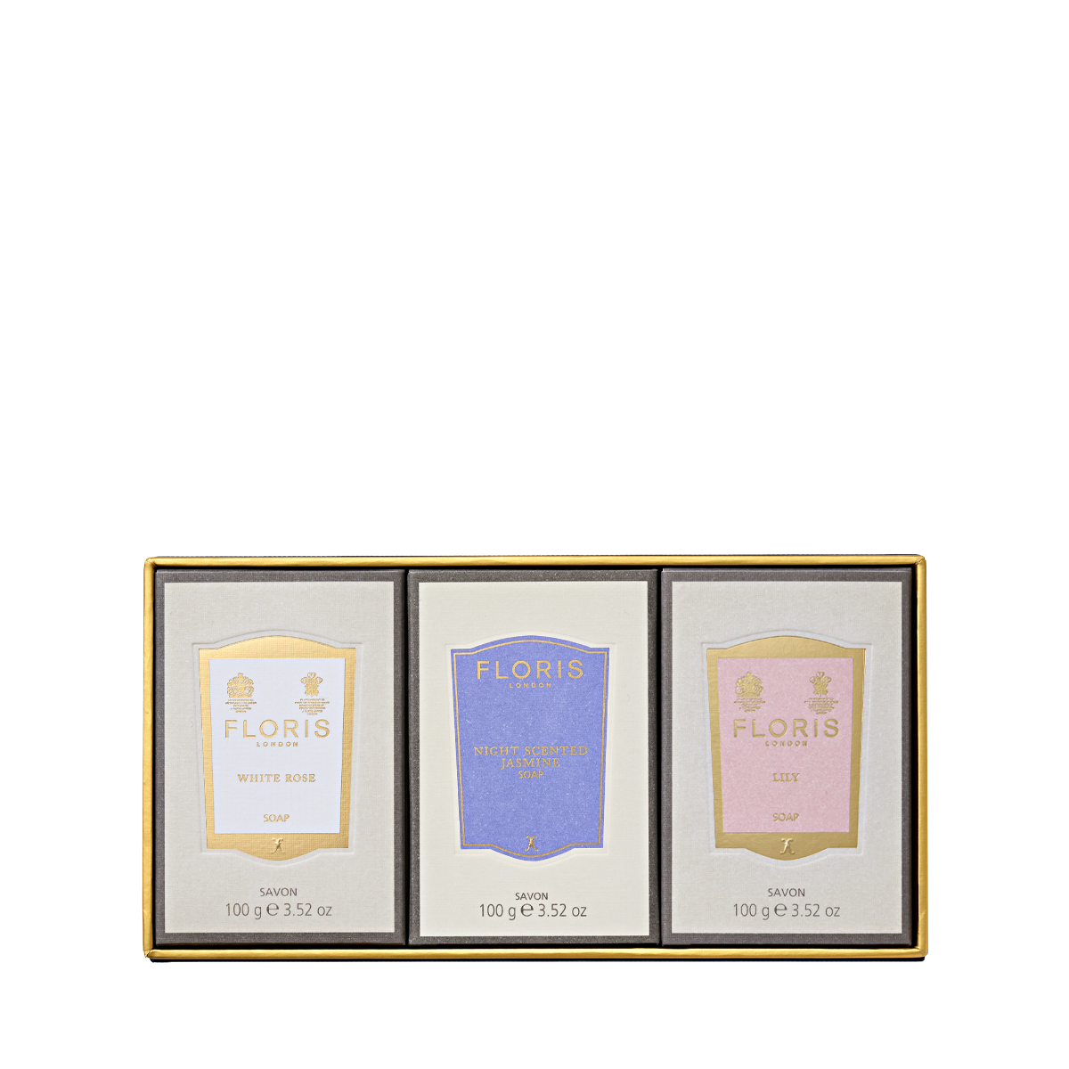 Floris London’s Soap Collection | For Her features three signature floral soaps—White Rose, Violet, Lily—in elegant white, blue, and pink boxes.