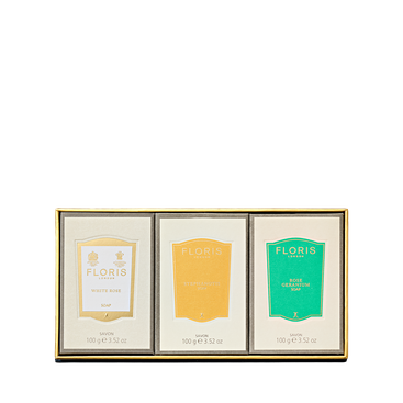 Experience floral elegance with the Floris London Soap Collection | For Her, featuring White Rose, JF, and Rose Geranium beautifully packaged soaps.