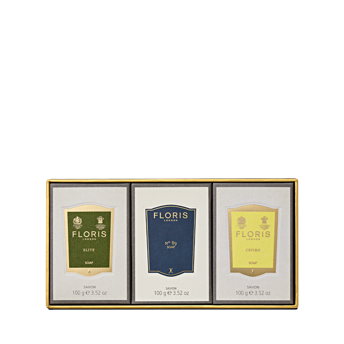 Floris London Soap Collection | For Him: a boxed set of three shea butter soaps in green, blue, and yellow—an elegant gift choice.