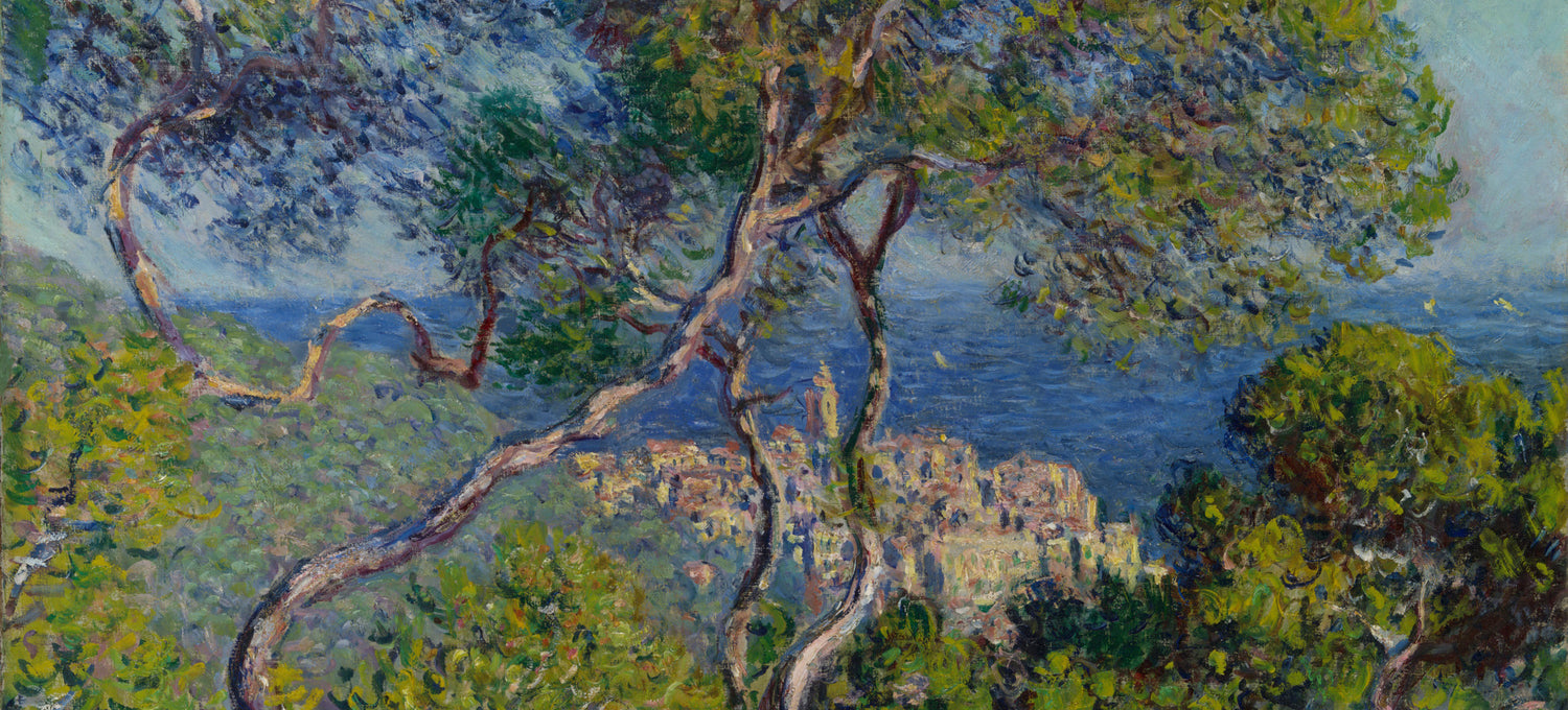 A landscape painting of trees with a coastal town and sea in the background, rendered in an impressionist style.