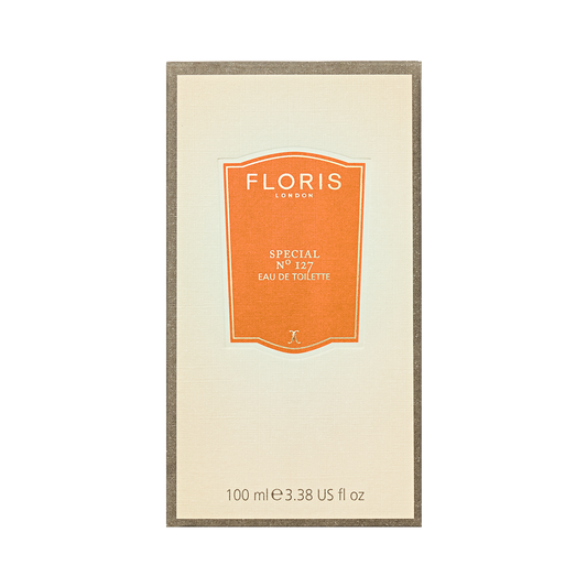 Floris London Special No. 127 Eau de Toilette, 100ml, features an orange label and delivers a refined citrus floral scent with airy lightness.