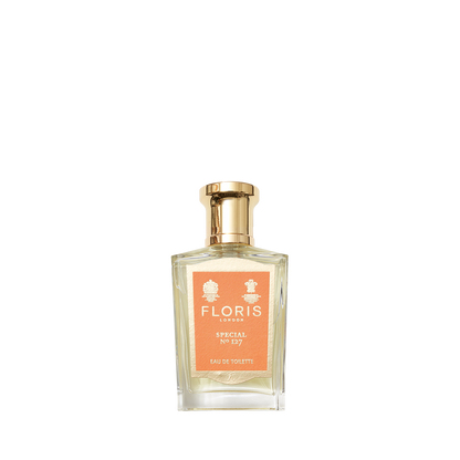 A glass bottle of Floris London Special No. 127 Eau de Toilette with a gold cap and peach label, featuring a classic citrus floral scent.