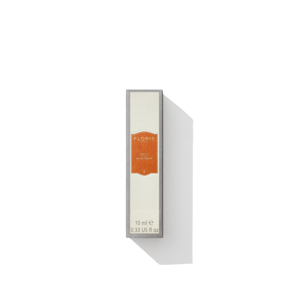 Rectangular Floris London fragrance box showcasing Special No. 127 - Eau de Toilette with a 10 ml label and orange branding on a white background with a shadow, capturing the essence of British perfumery.