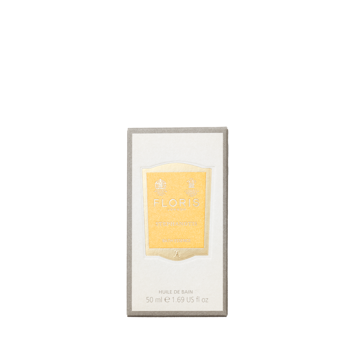 A 50ml Floris London Stephanotis Bath Essence with a yellow label is displayed in its box against a plain white background.