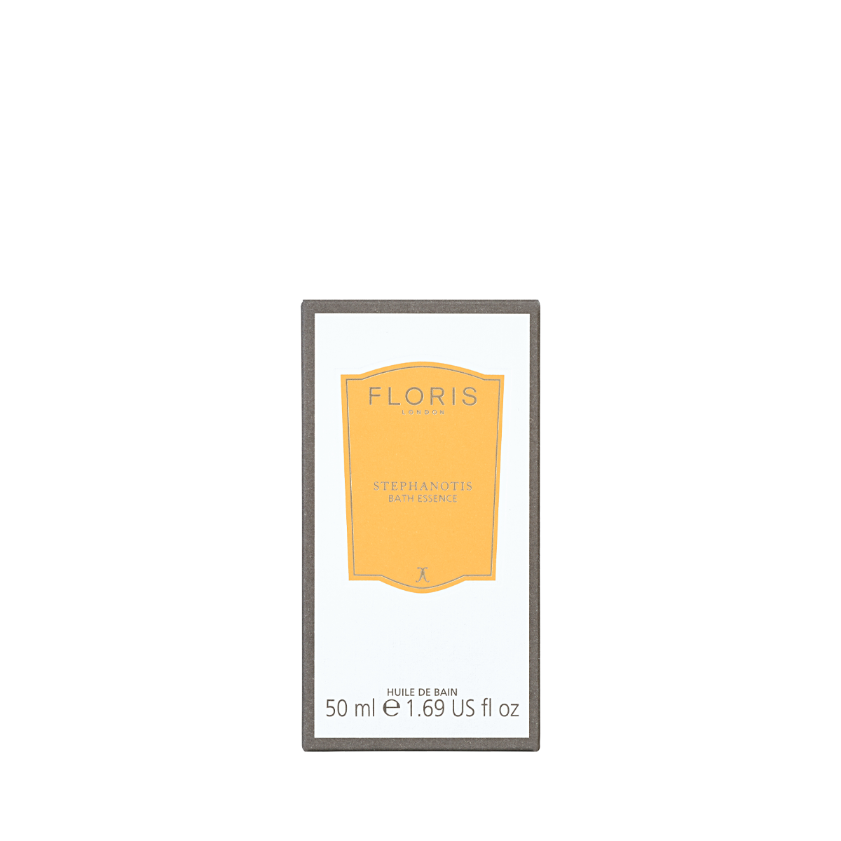 A rectangular Floris London Stephanotis - Bath Essence box, yellow label, floral scent text, 50 ml (1.69 US fl oz), on a plain light background.
