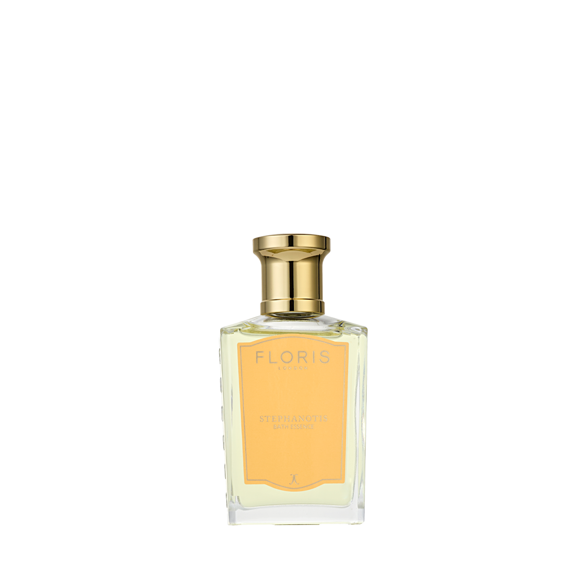 A clear glass bottle of Floris London Stephanotis Bath Essence with a gold cap and pale yellow label, displayed on a white background.