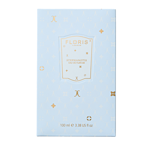 Light blue Floris London Stephanotis - Eau de Parfum | Limited Edition box, 100ml, features gold text and a subtle pattern; long-lasting floral scent.