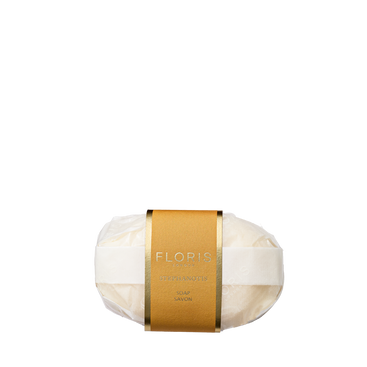 Floris London Stephanotis - Luxury Soap: a finely milled soap bar with Stephanotis fragrance, wrapped in white paper and finished with a gold label.
