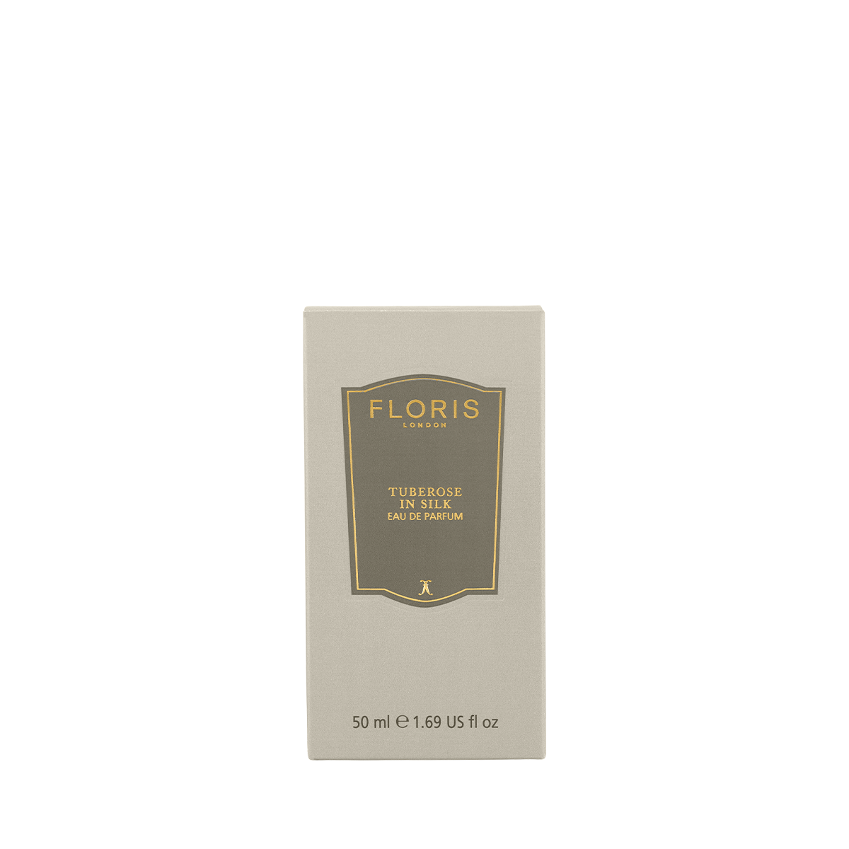 Floris London Tuberose In Silk Eau de Parfum, 50ml, blends tuberose and jasmine for a luxurious scent in a chic beige box with gold and black label.
