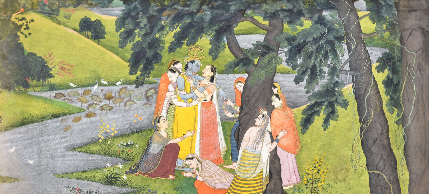 A detailed painting of a group of people in colorful attire standing and sitting near a river under trees in a lush, green landscape.