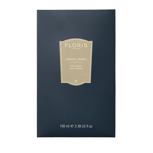 Floris London Vetiver, 100ml, from the Ledger Series. Navy blue box with gold label, captures the grounding, earthy essence of vetiver.