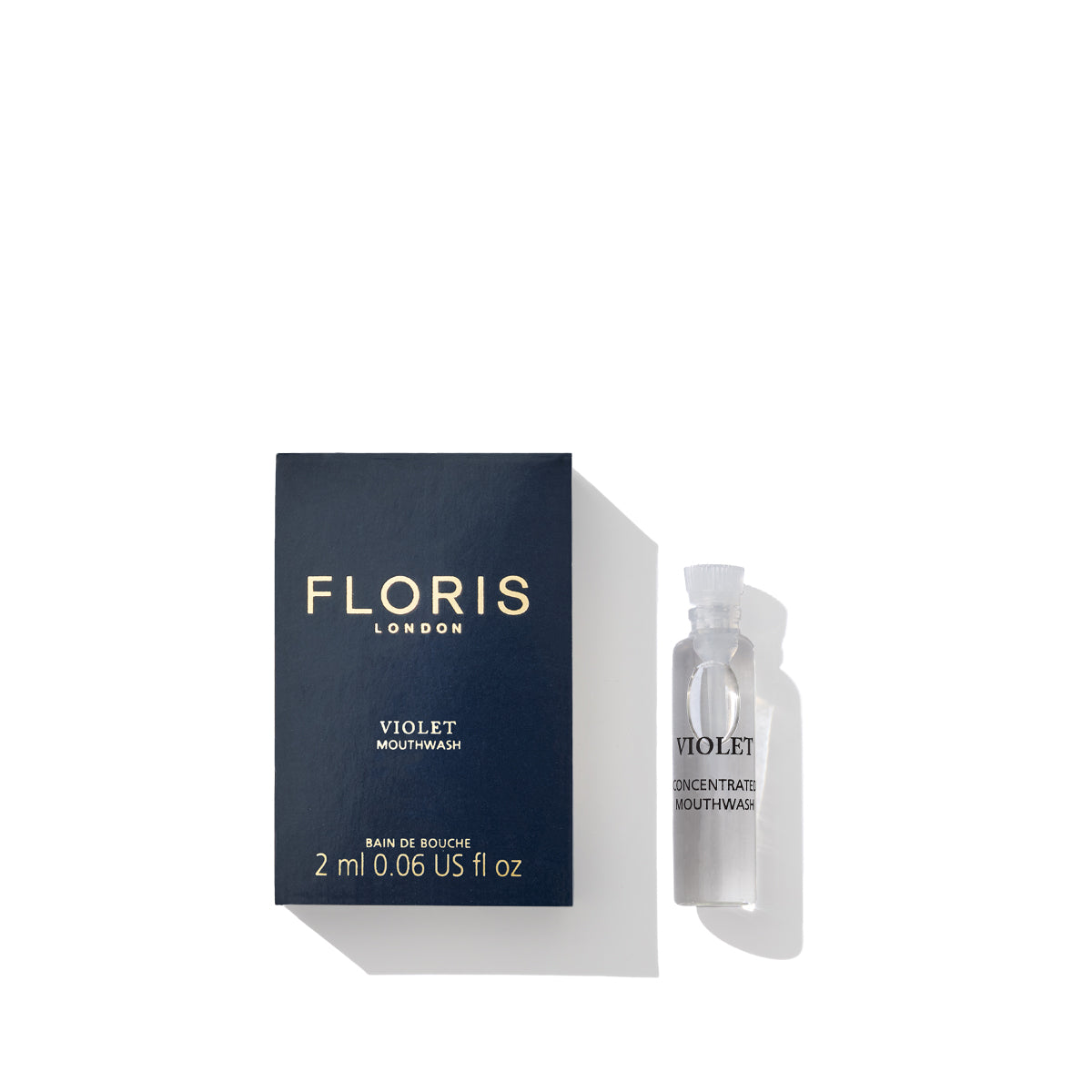 The Floris London Violet Mouthwash box and a 2 ml vial of the fluoride-free concentrate with anti-bacterial properties are set against a white background.