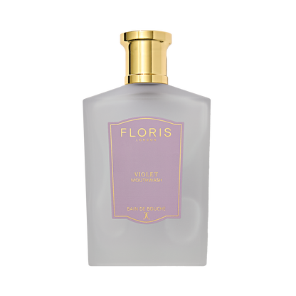 The Floris London Violet Mouthwash comes in a frosted bottle with a gold cap and purple label for an elegant touch.