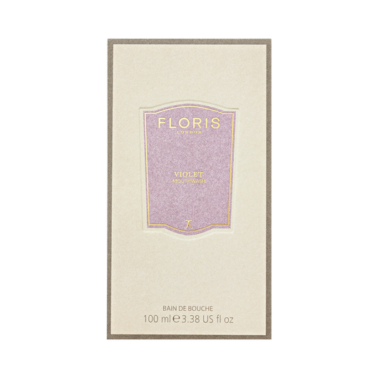 Floris London Violet Mouthwash, 100 ml—luxury mouthwash in a beige box with a purple label, featuring an elegant, minimalist design.