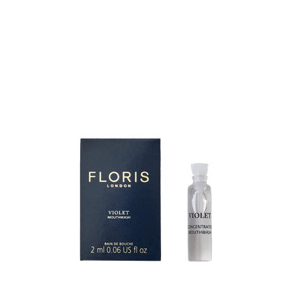 A Floris London Violet - Mouthwash box is displayed next to a handy 2 ml vial of this luxury mouthwash.