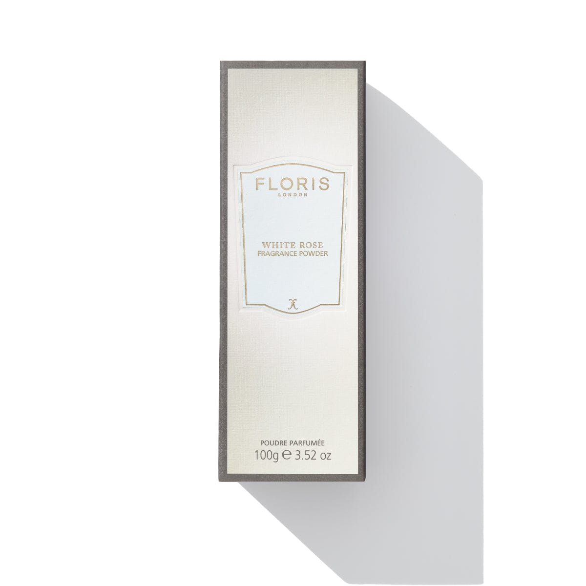 White Rose Fragrance Powder 100g box by Floris London US, featuring delicate and refined packaging.