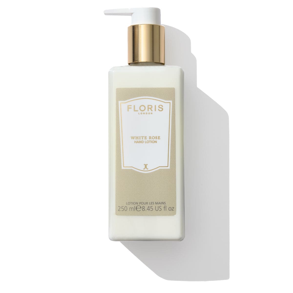 White Rose Hand Lotion 250ml bottle by Floris London US, highlighting the elegant and practical packaging design.