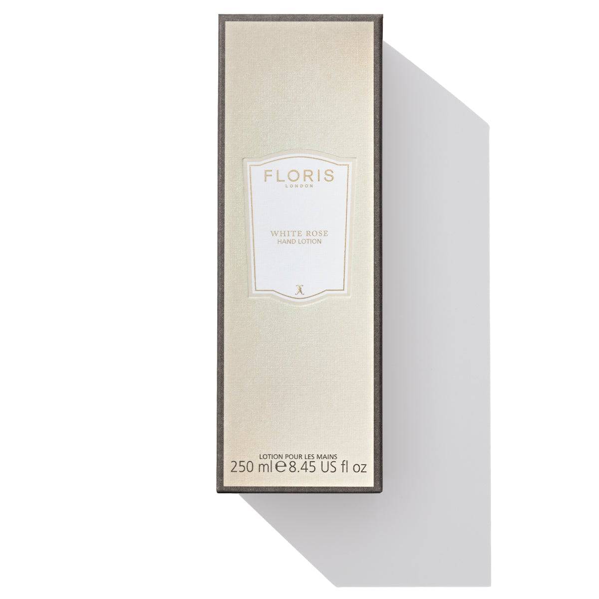 White Rose Hand Lotion 250ml box by Floris London US, showcasing the elegant and practical packaging design.