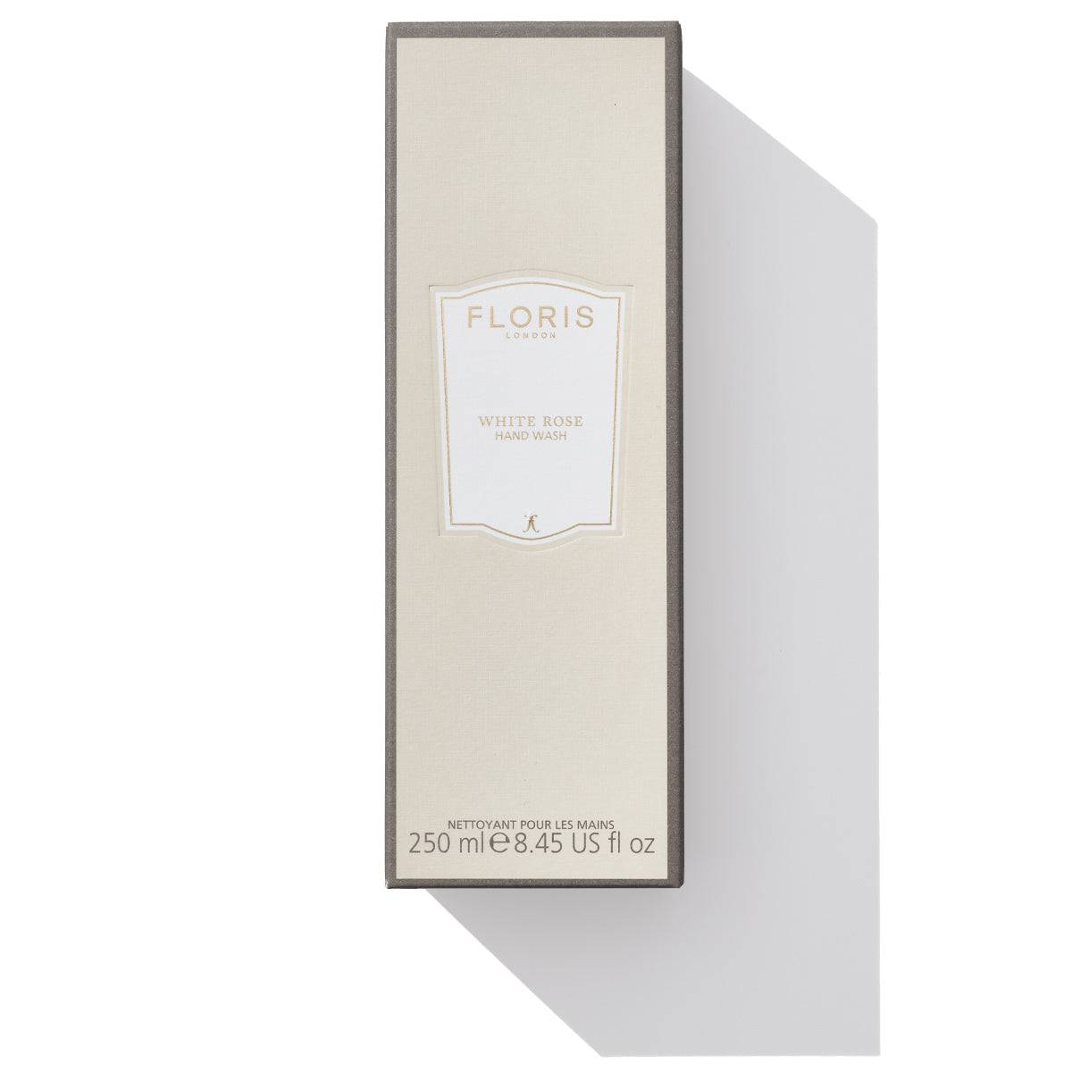 White Rose Hand Wash 250ml box by Floris London US, with a focus on the clean and elegant packaging.