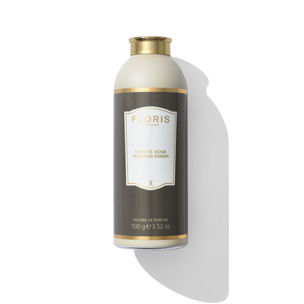 A cylindrical bottle of Floris London White Rose - Fragrance Powder, weighing 100g, adorned with a beige cap and a grey label, exudes an elegant touch.