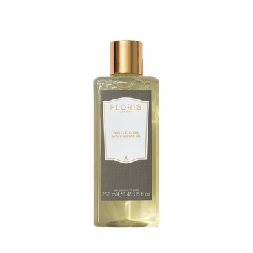 Floris London White Rose Bath & Shower Gel 250ml in a clear bottle with gold cap, offers a delicate floral fragrance; pictured on a white background.
