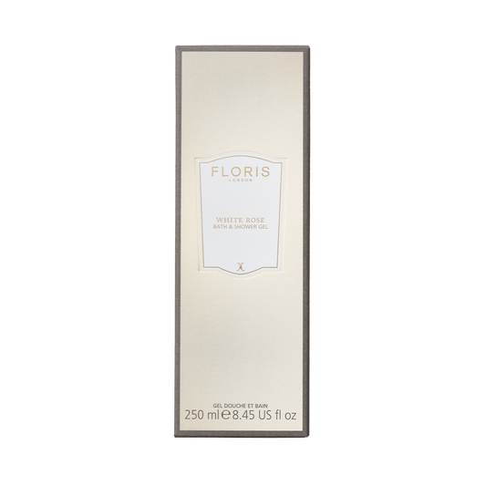 Floris London White Rose - Bath & Shower Gel 250ml in a beige box, with a minimalistic label and an elegant floral scent.