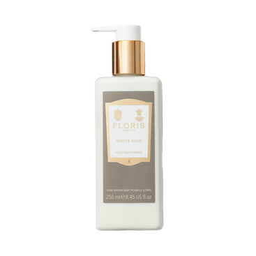 A 250ml white and gold bottle of Floris London White Rose - Enriched Body Moisturiser with a pump, featuring a delicate floral fragrance.