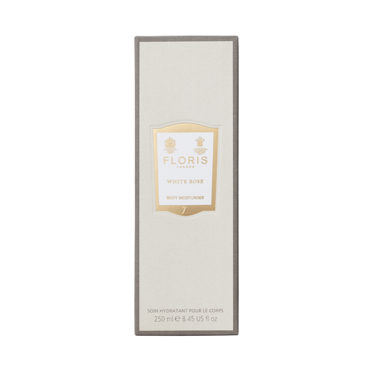 Floris London White Rose - Enriched Body Moisturiser, 250ml, in a rectangular box with cream and gold label and a delicate floral scent.
