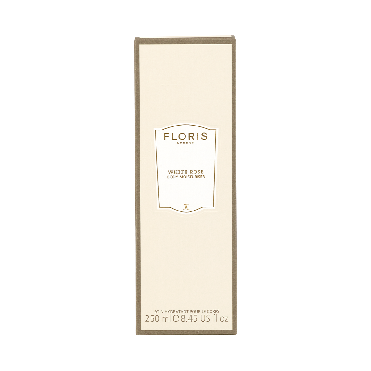 A 250 ml cream-colored box of Floris London White Rose - Enriched Body Moisturiser displayed against a plain background.