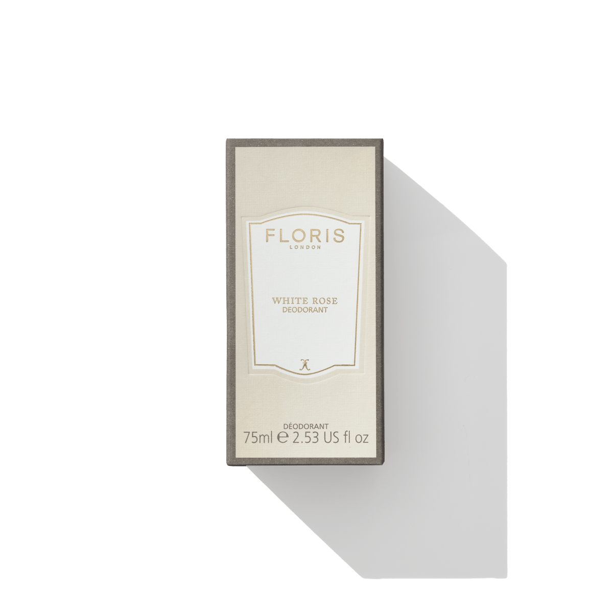 A rectangular box labeled "White Rose - Deodorant Stick" by Floris London, 75ml (2.53 US fl oz), ideal for sensitive skin, is centered against a white background.