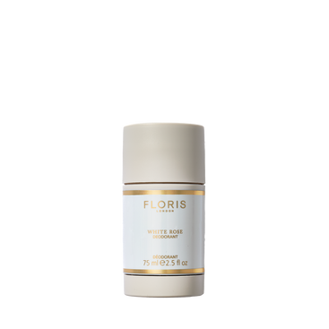 Floris London White Rose - Deodorant Stick, 75ml, aluminium-free and antibacterial—ideal for sensitive skin with gold accents on a white background.