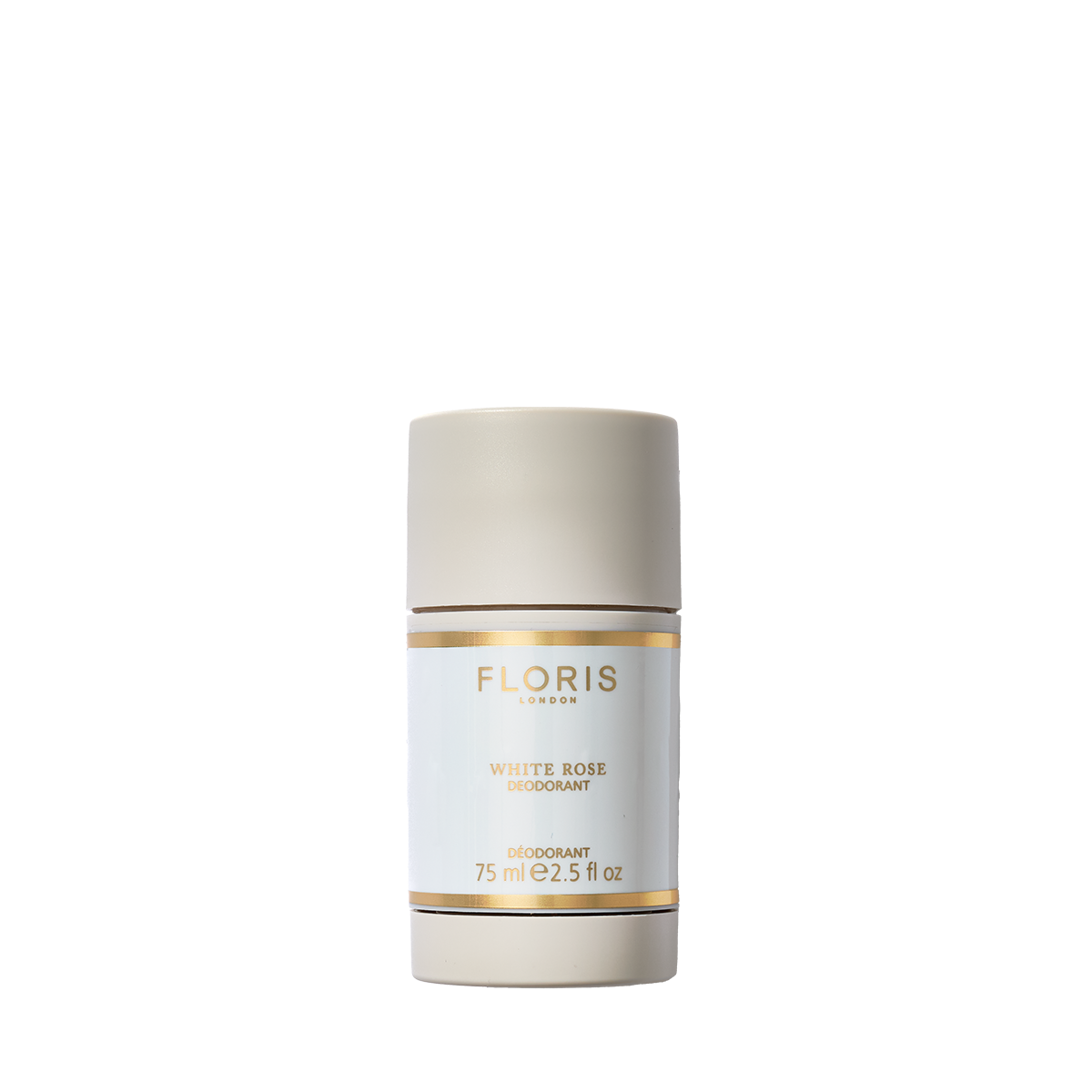 Floris London's White Rose Deodorant Stick, 75ml, in a beige and gold design, is ideal for sensitive skin with added vitamin E for nourishment.