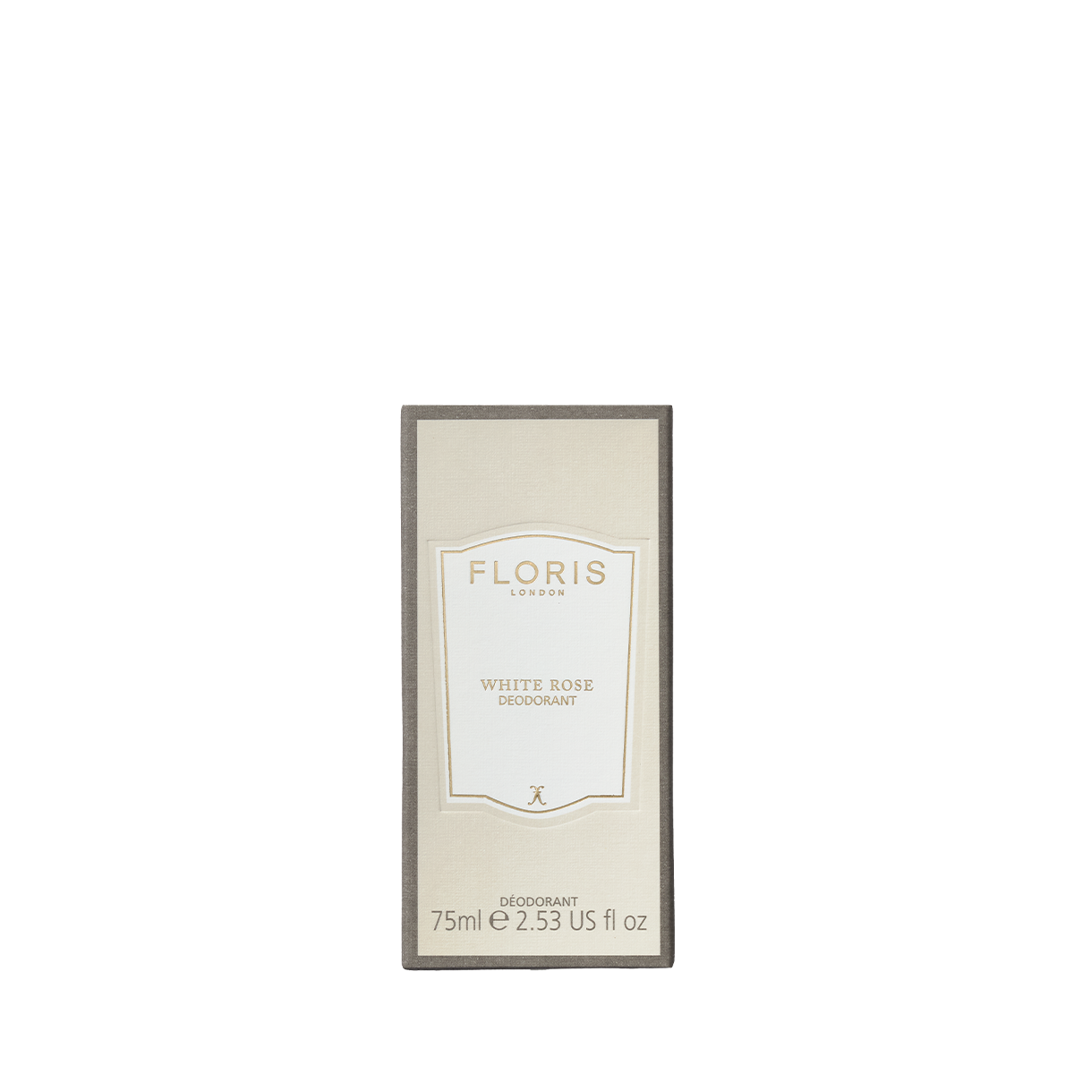 Floris London's White Rose Deodorant Stick, 75ml, features a beige and grey design ideal for sensitive skin with added vitamin E.