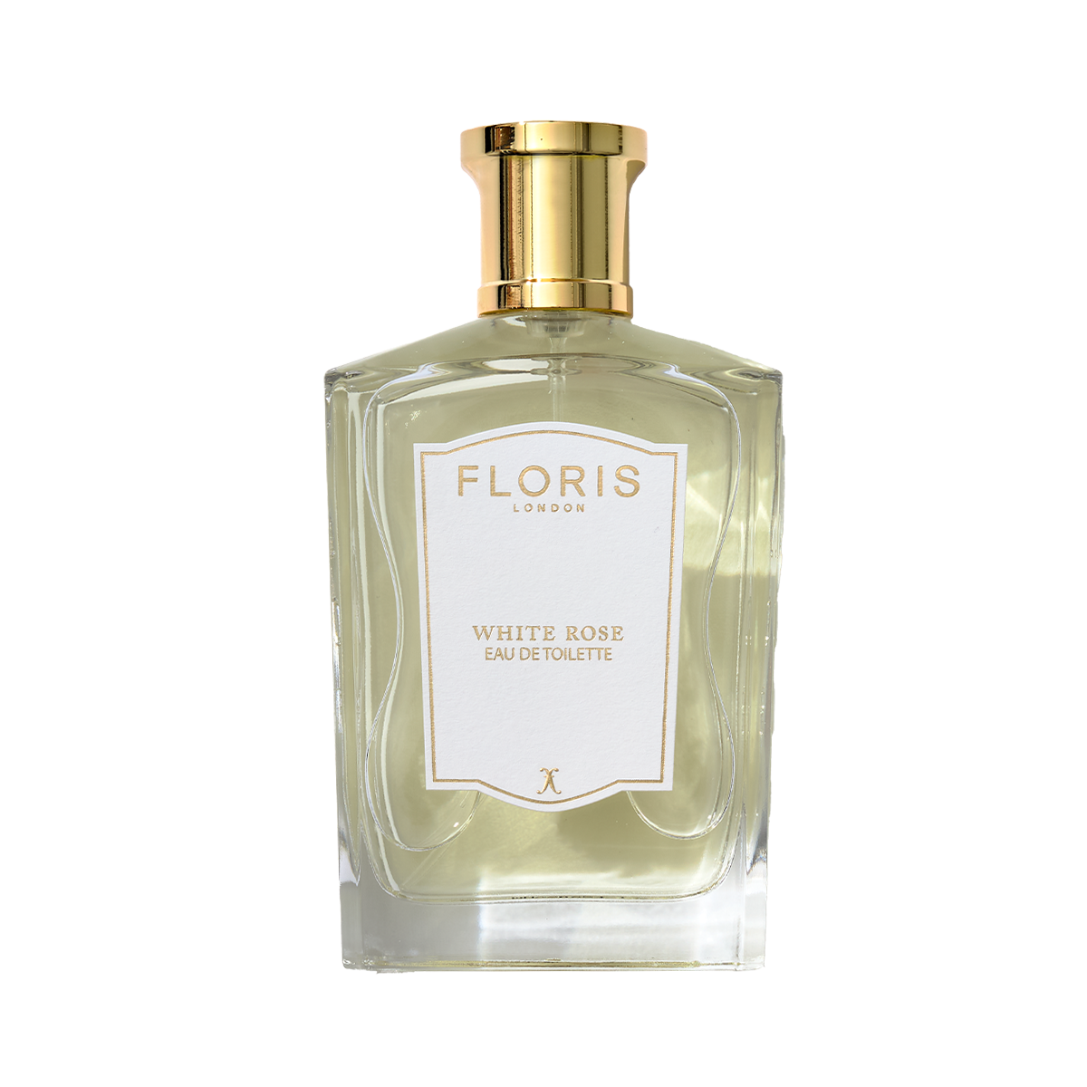 A clear glass bottle of Floris London White Rose - Eau de Toilette with a gold cap and white label.