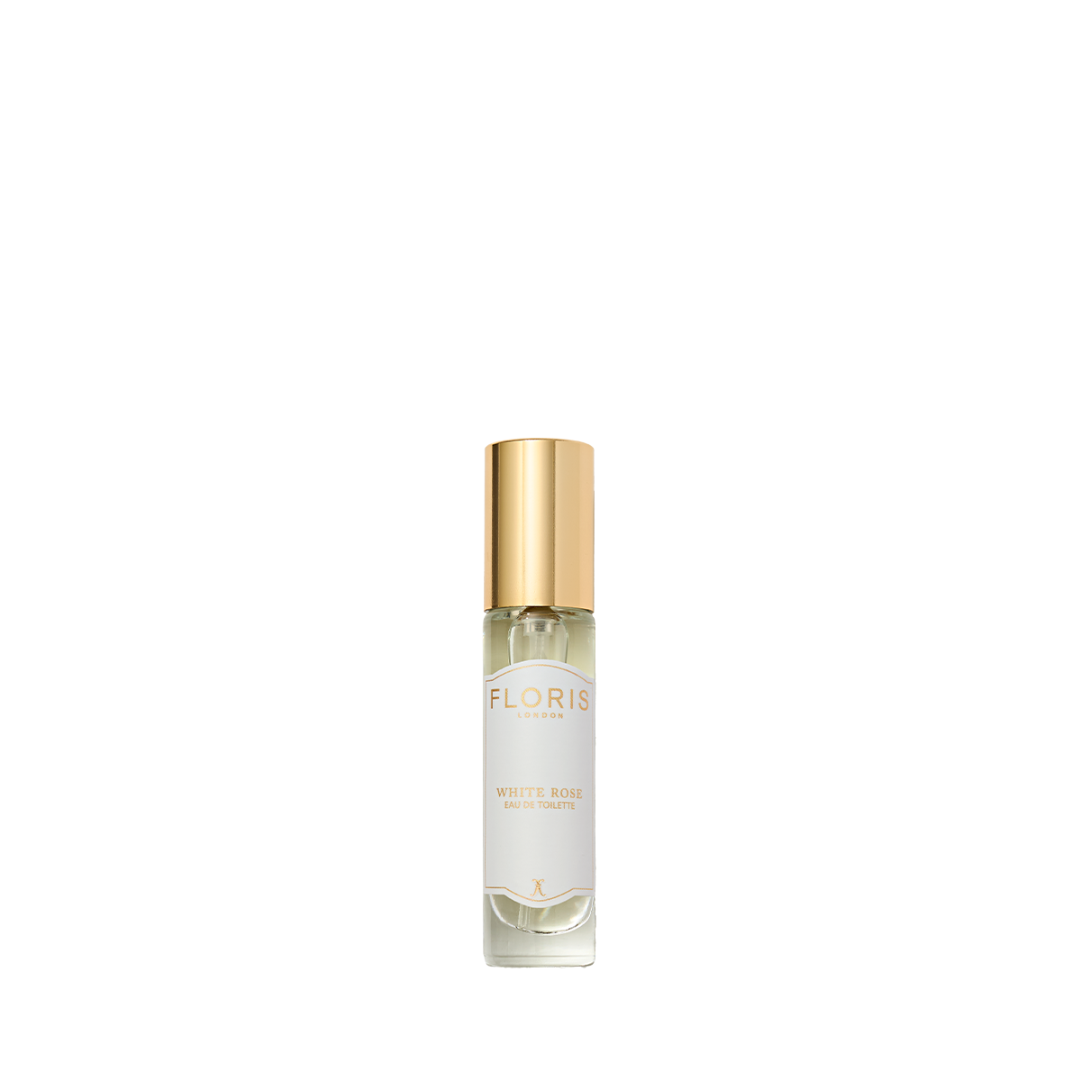 Clear glass bottle with gold cap labeled "White Rose - Eau de Toilette" by Floris London, a timeless vegan perfume, shown on a white background.