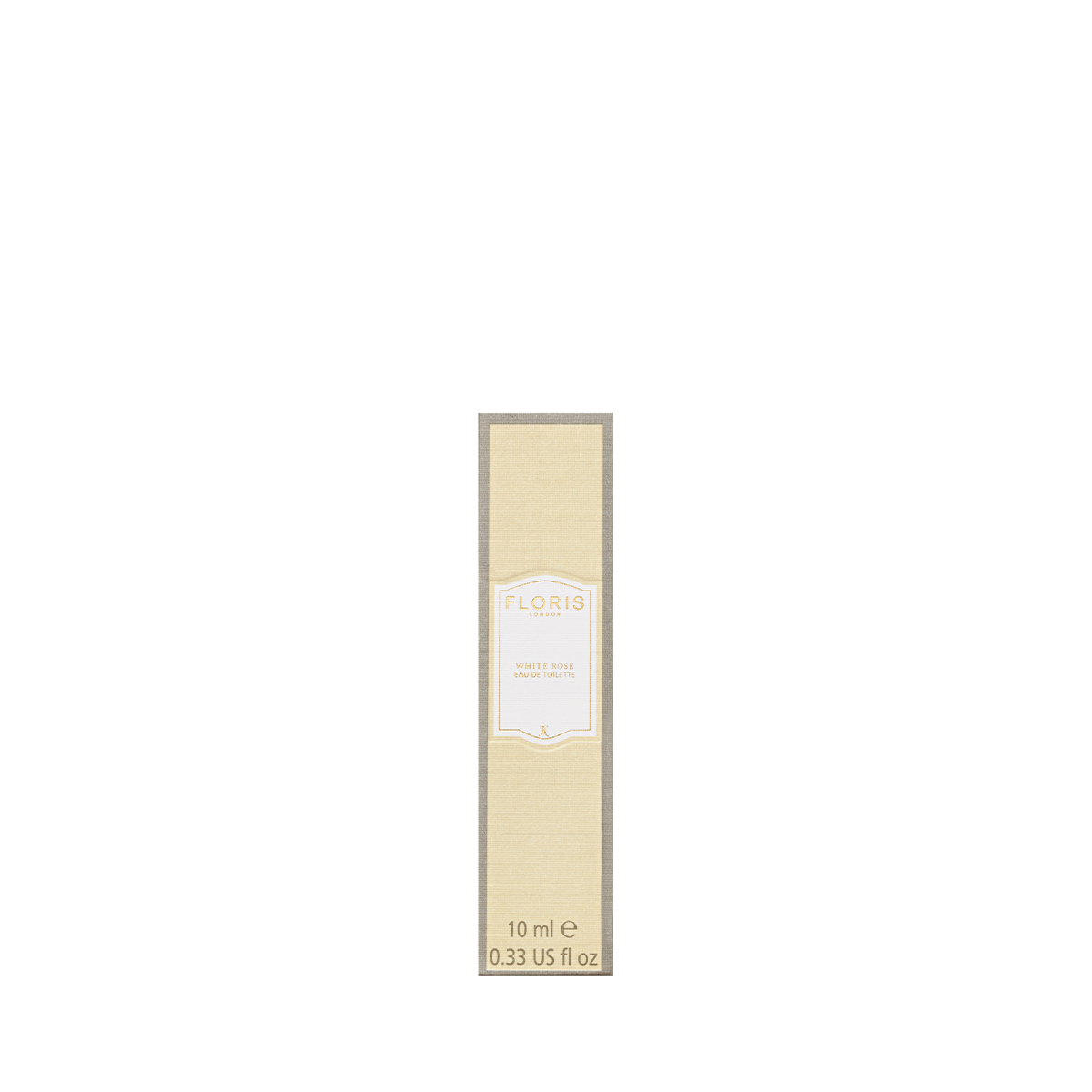 A small beige box of Floris London White Rose - Eau de Toilette, 10 ml, sits elegantly against a white background.
