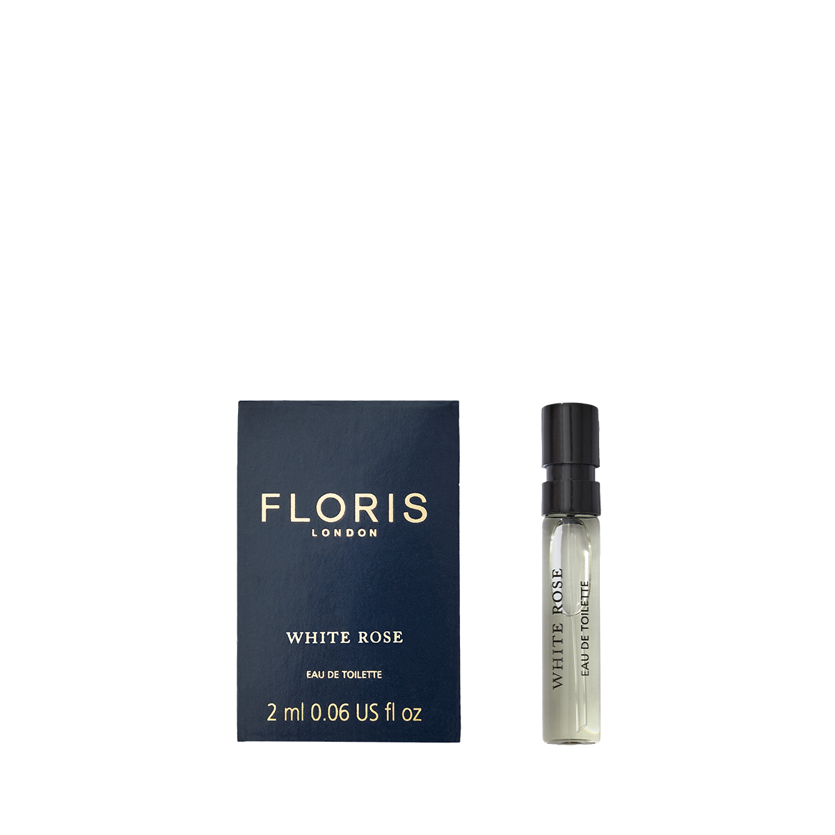 A 2ml sample vial of Floris London White Rose - Eau de Toilette rests beside its navy box—an elegant, vegan scent inspired by velvet roses.