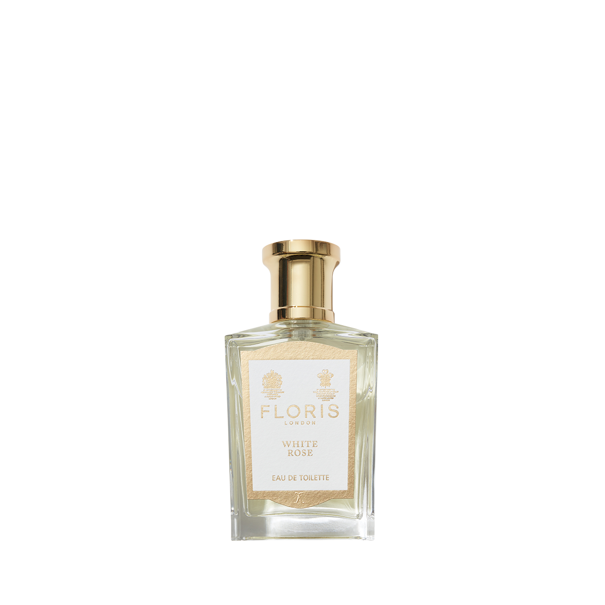 A clear glass bottle of Floris London White Rose - Eau de Toilette, a vegan fragrance, features a gold cap and an elegant white label.