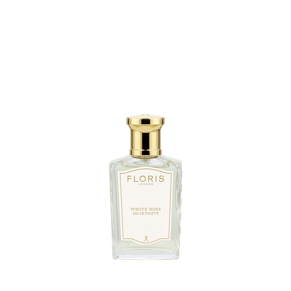 A clear glass bottle of Floris London White Rose - Eau de Toilette vegan perfume with a gold cap, shown on a white background.