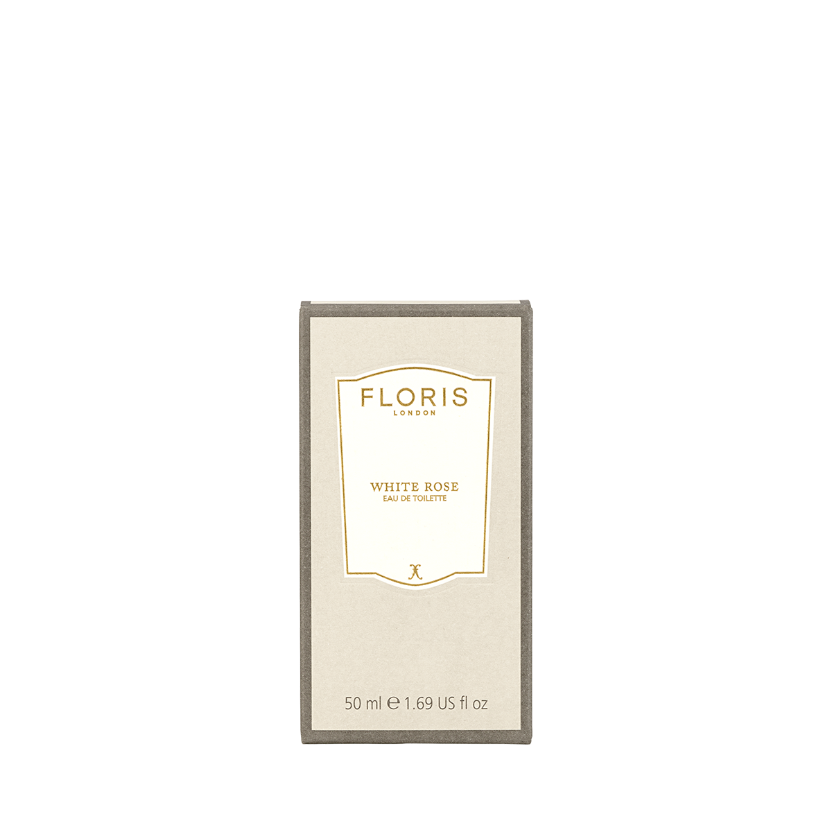 A 50 ml Floris London White Rose - Eau de Toilette box in beige is displayed on a plain white background, highlighting this luxury fragrance.