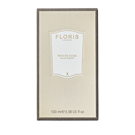 Floris London White Rose - Eau de Toilette, 100 ml, comes in a vegan beige box with an elegant gold and white label.