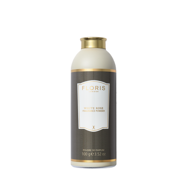 A 100g canister of Floris London White Rose Fragrance Powder with aloe vera features a gold and white label on a grey background.