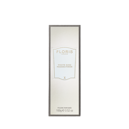 Front view of Floris London White Rose - Fragrance Powder box in cream with gold and grey accents, featuring the delicate scent of white rose.