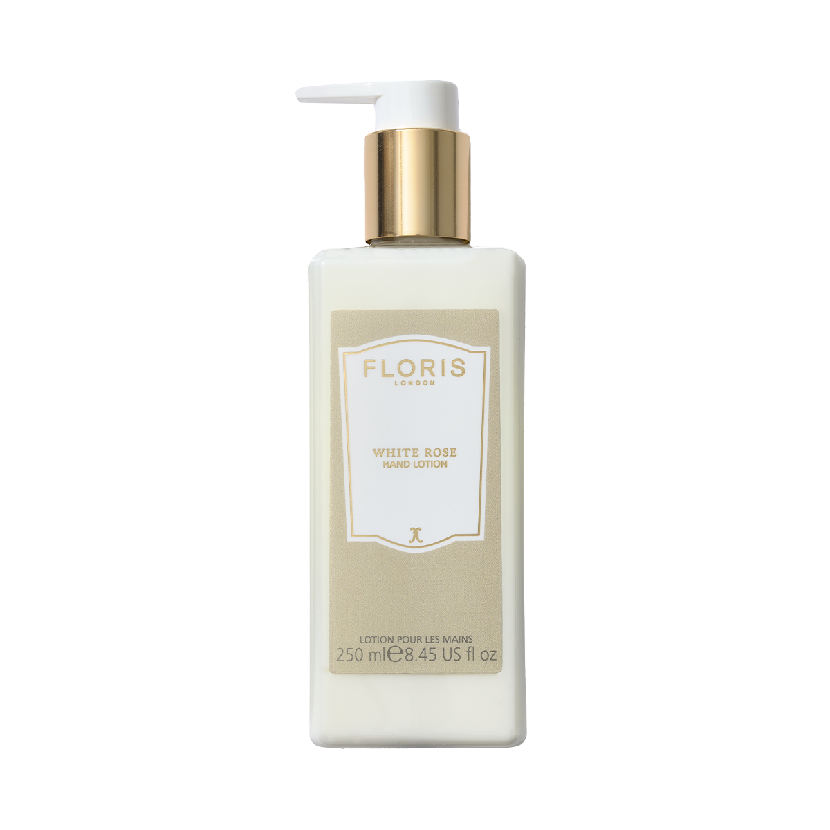 Floris London White Rose - Luxury Hand Lotion, 250ml, with sweet almond oil, gold pump, and beige label—ideal for dry skin.